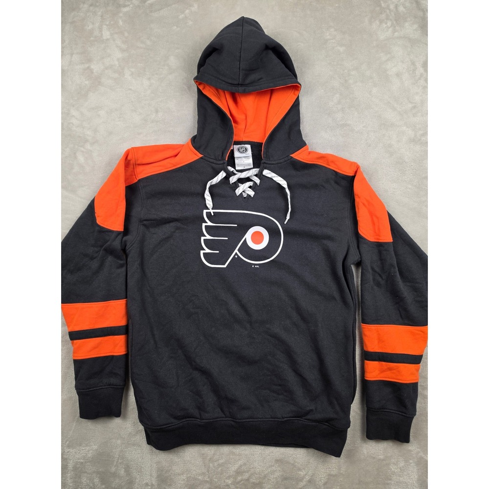 NHL Philadelphia Flyers Hoodie Mens Medium Black Orange Lace Up Skate Sweatshirt